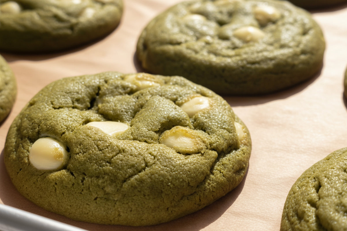 Green cookies with white chocolate chips on a baking sheet