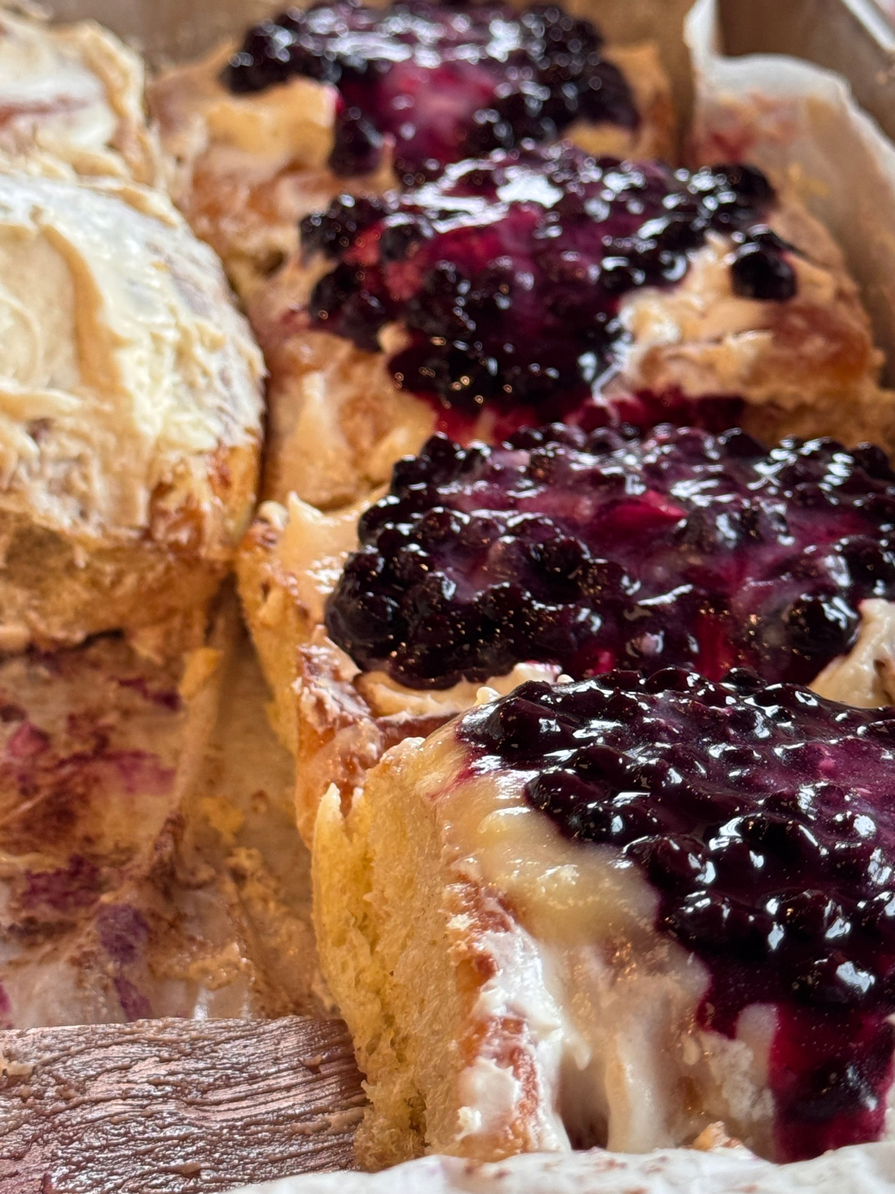 2 Heavenly Sourdough Cinnamon Rolls - Blueberry Compote + Lemon Curd Frosting