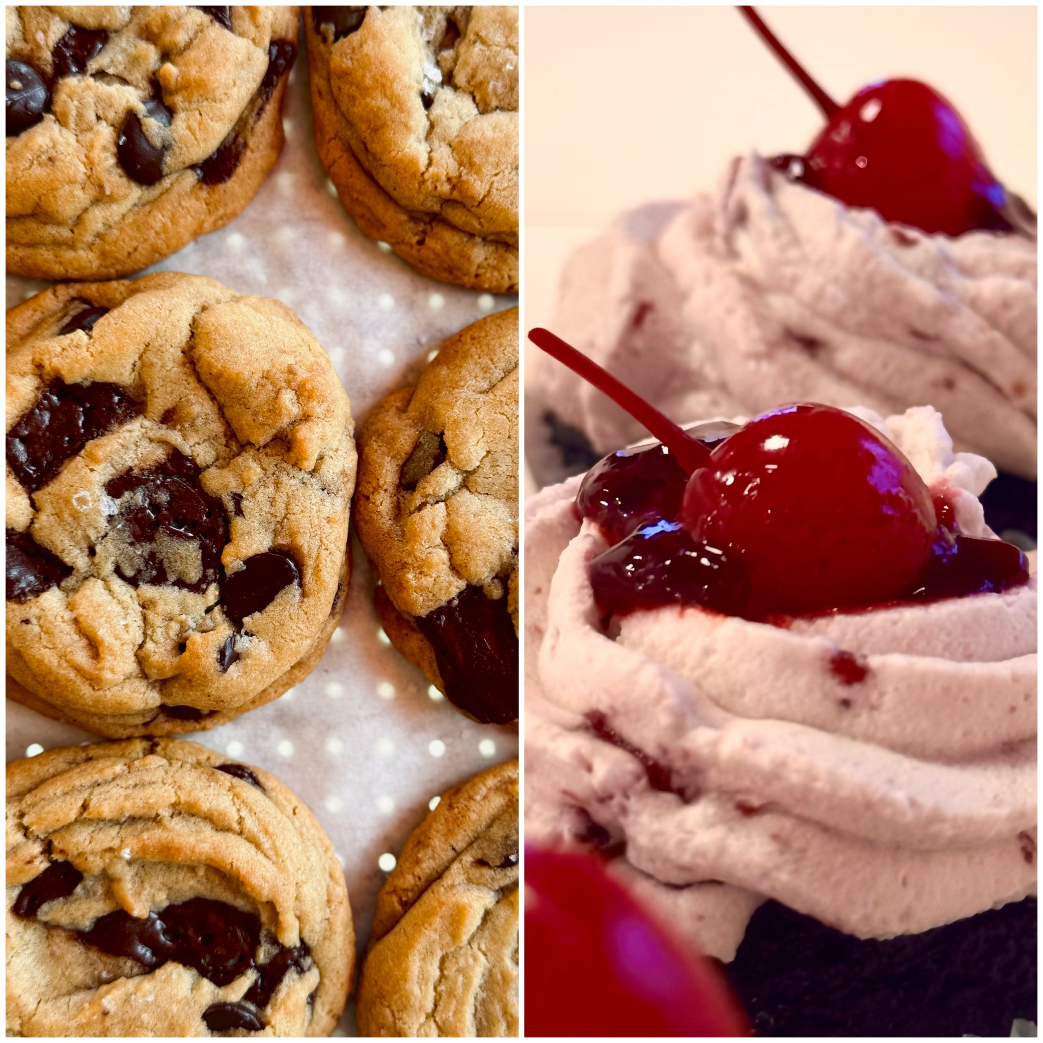 Chocolate chip cookies on one side and a dessert with a cherry on top on the other, split vertically.