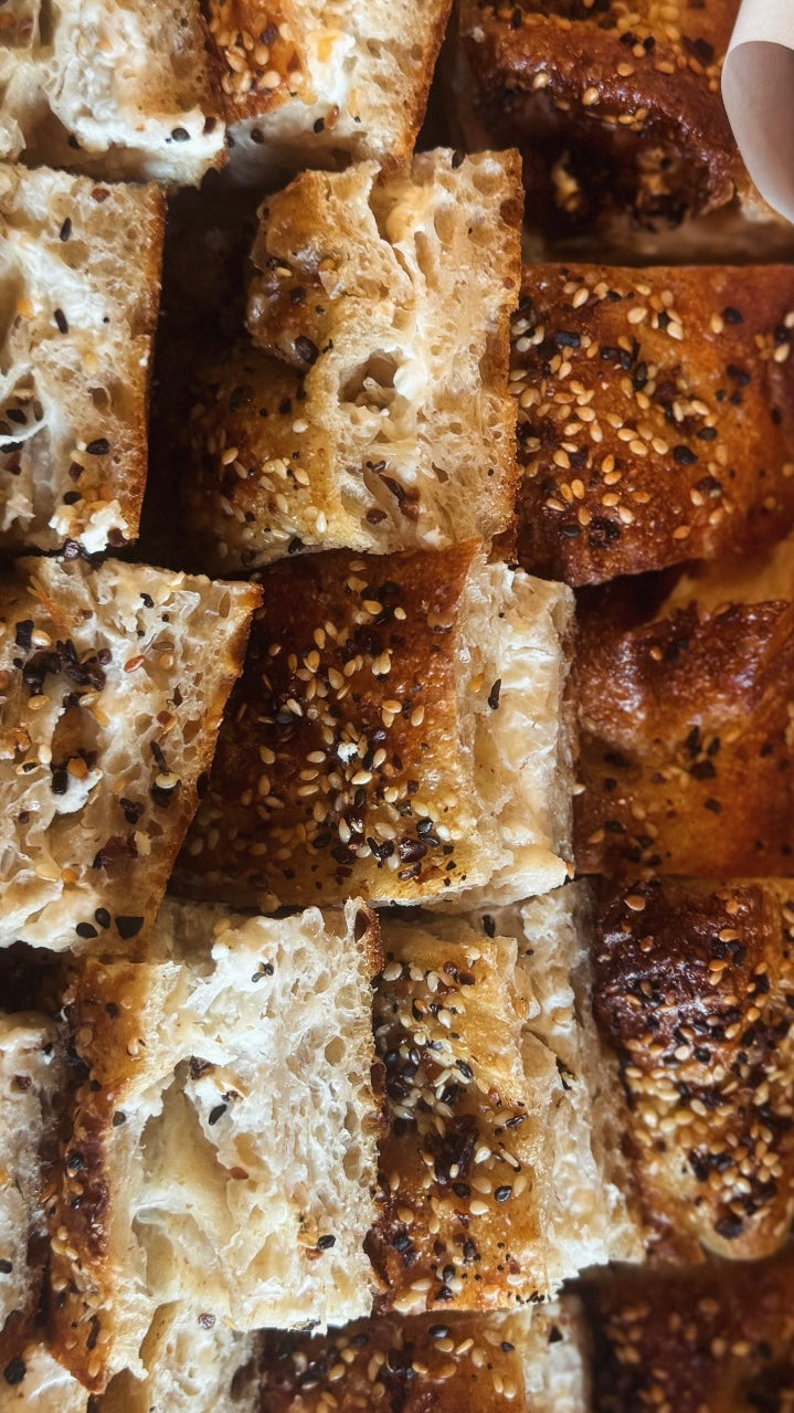 Simply Everything Bagel Sourdough Focaccia with Cream Cheese