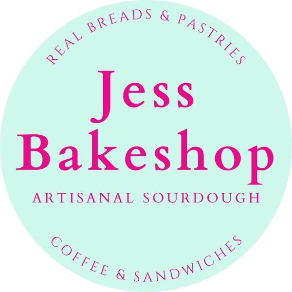 Circular logo for Jess Bakeshop with text about breads, pastries, and coffee.